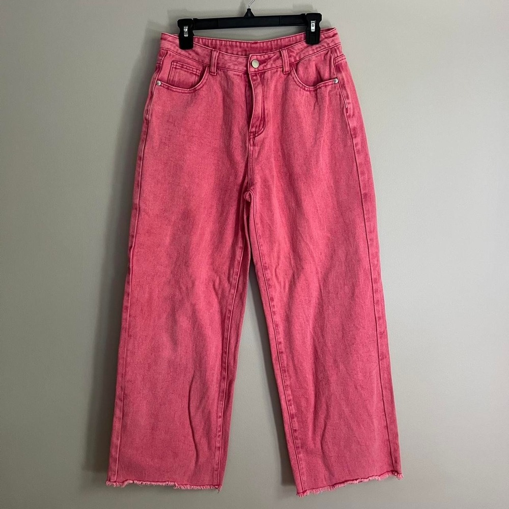 Cider Women's Wide Leg Pink Denim Pants Size M Frayed Raw Hem 28" Inseam